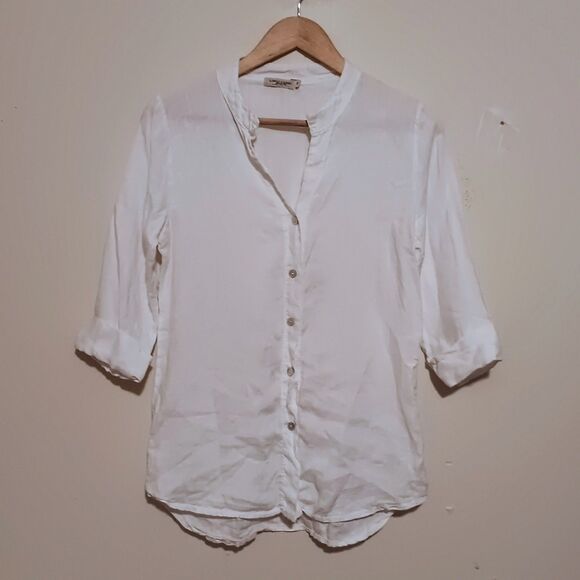 Lungo L’arno Linen Button Front Blouse-Medium-3/4 Sleeve-Hi Low Hem-Old Money - Picture 1 of 8